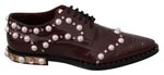 Dolce & Gabbana Elegant Bordeaux Lace-Up Flats with Pearls and Women's Crystals