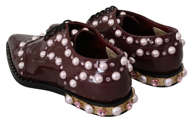 Dolce & Gabbana Elegant Bordeaux Lace-Up Flats with Pearls and Women's Crystals