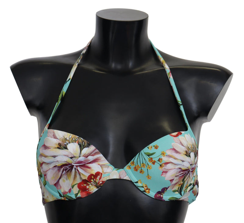 Dolce & Gabbana Mint Green Floral Print Beachwear Bikini Women's Tops