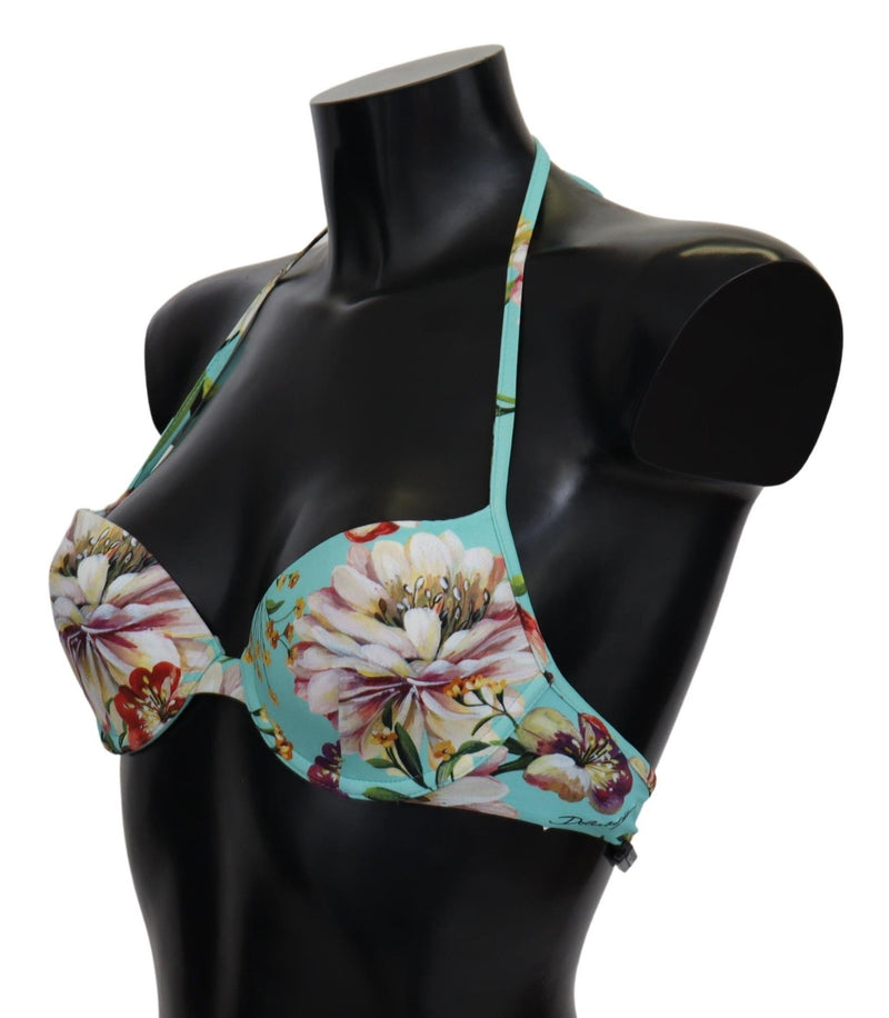 Dolce & Gabbana Mint Green Floral Print Beachwear Bikini Women's Tops