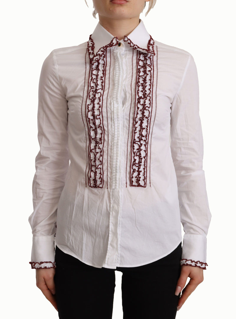 Dolce & Gabbana White Cotton Lace Long Sleeves Ruffle Collar Top Women's Shirt
