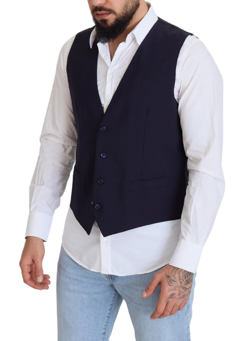Dolce & Gabbana Dark Blue Wool Stretch Waistcoat Formal Men's Vest