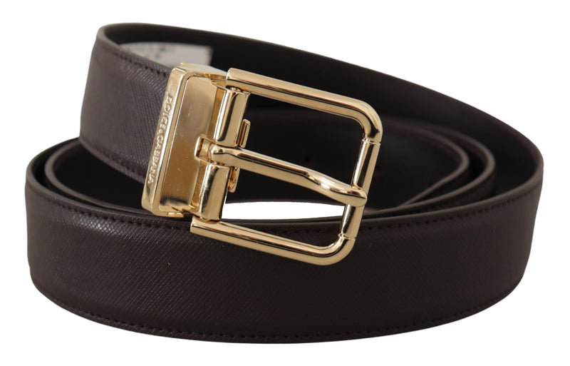 Dolce & Gabbana Brown Calf Leather Gold Logo Metal Buckle Men's Belt