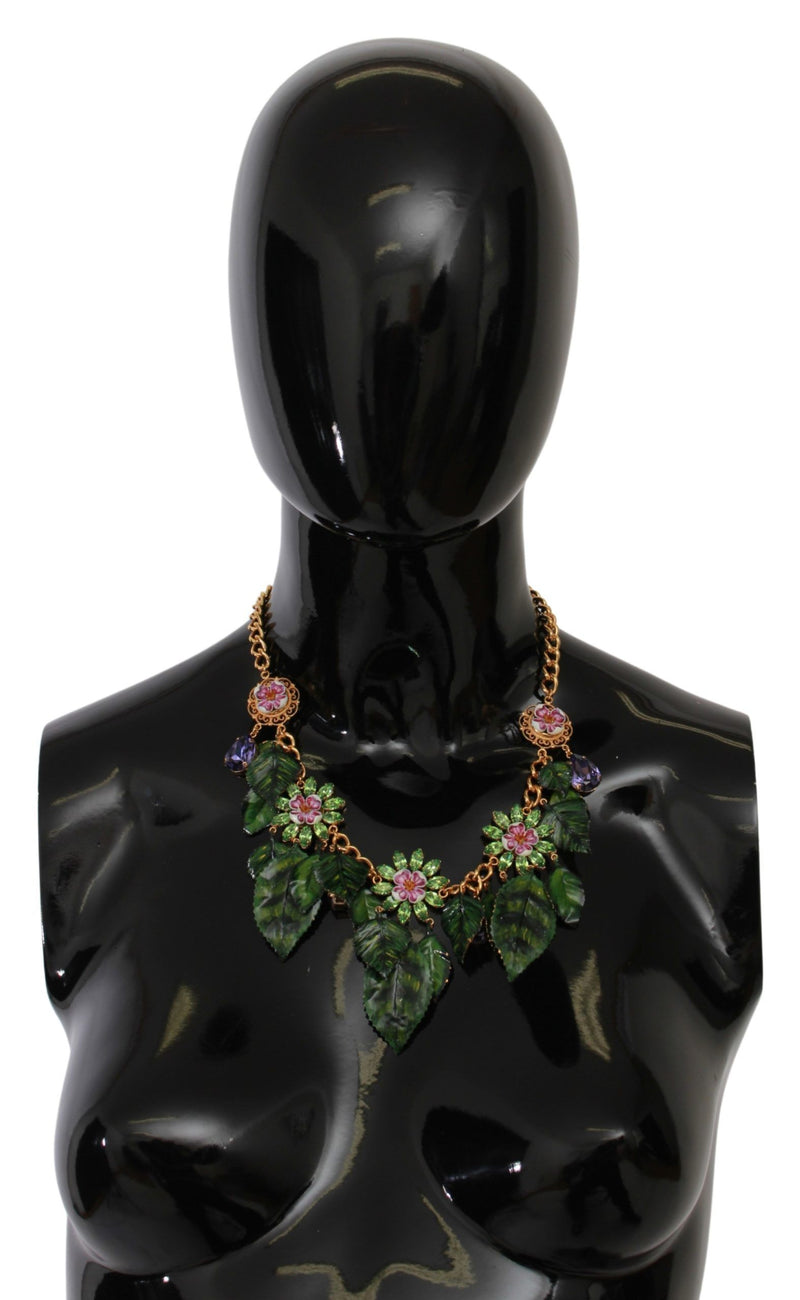 Dolce & Gabbana Floral Crystal Charm Gold Brass Statement Women's Necklace