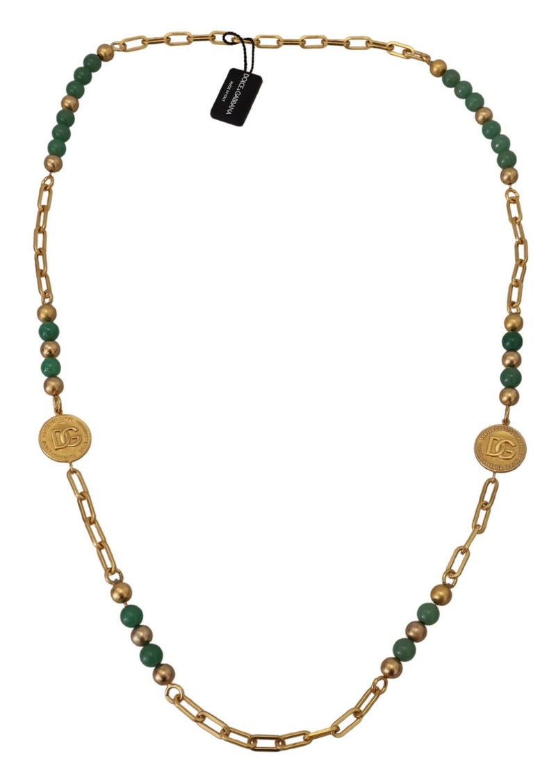 Dolce & Gabbana Gold Brass Natural Gem Beaded Logo Chain Women's Necklace