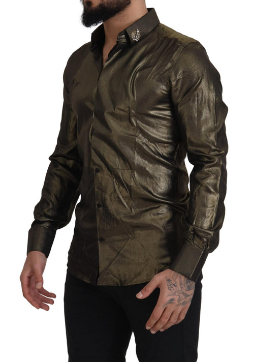 Dolce & Gabbana Elegant Gold Slim Fit Shirt with Crown Men's Embroidery