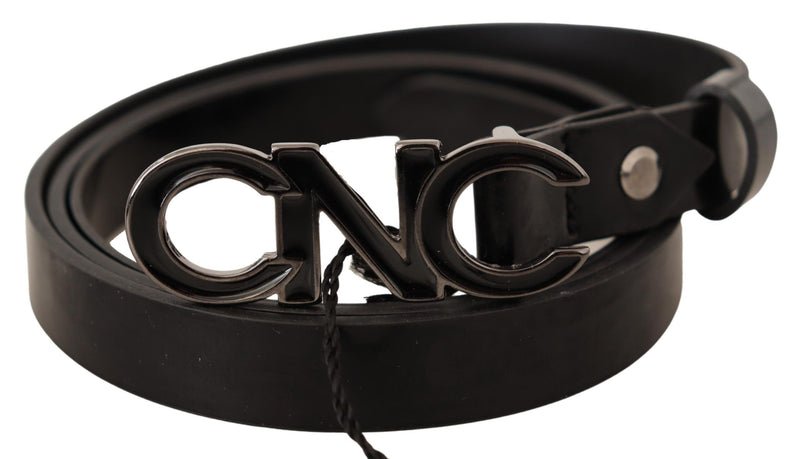 Costume National Black Leather Letter Logo Buckle Women's Belt