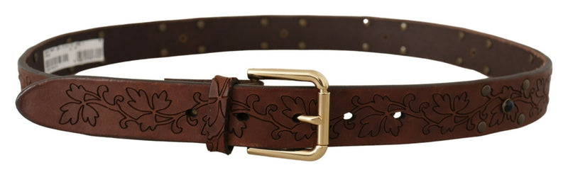 Dolce & Gabbana Brown Leather Floral Studded Metal Buckle Men's Belt