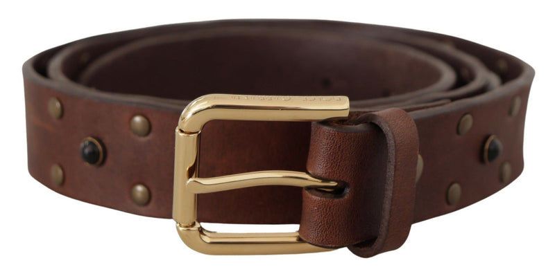 Dolce & Gabbana Brown Leather Studded Gold Tone Metal Buckle Men's Belt