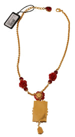 Dolce & Gabbana Gold Brass Flower Card Deck Crystal Pendant Women's Necklace