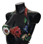 Dolce & Gabbana Black Floral Print Nylon Swimwear Bikini Women's Tops