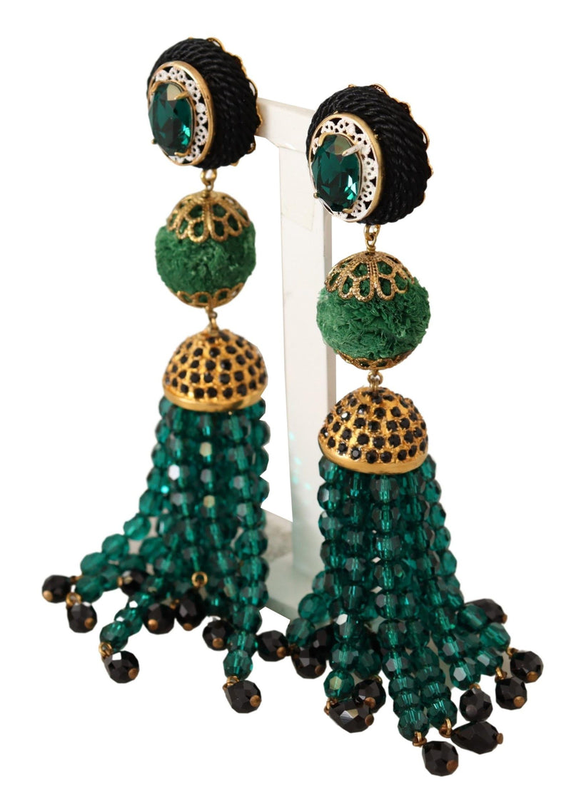 Dolce & Gabbana Green Crystals Gold Tone Drop Clip-on Dangle Women's Earrings