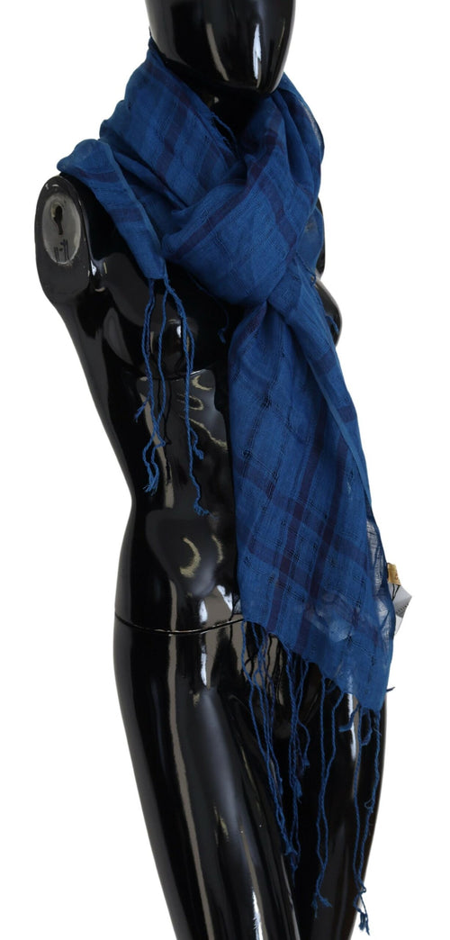 Costume National Chic Linen Fringed Scarf in Blue Women's Checkered