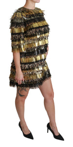 Dolce & Gabbana Polyester Black Gold Leopard Shift Mini Women's Dress
