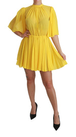 Dolce & Gabbana Yellow Pleated A-line Mini 100% Silk Women's Dress