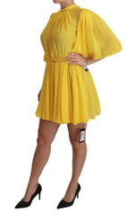 Dolce & Gabbana Yellow Pleated A-line Mini 100% Silk Women's Dress