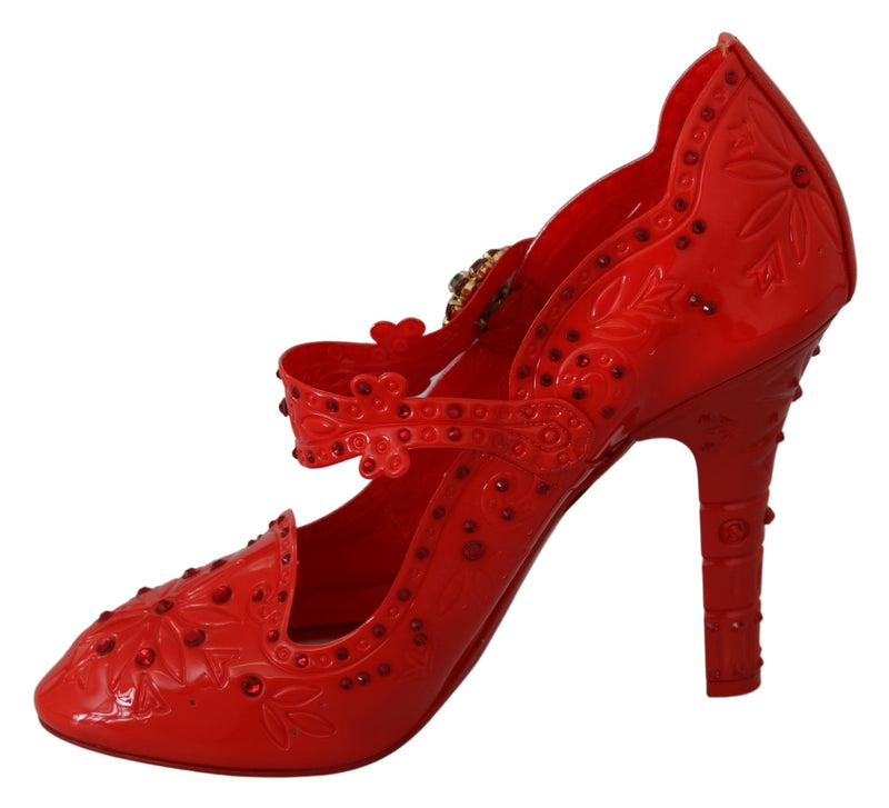 Dolce & Gabbana Red Floral Crystal CINDERELLA Heels Women's Shoes