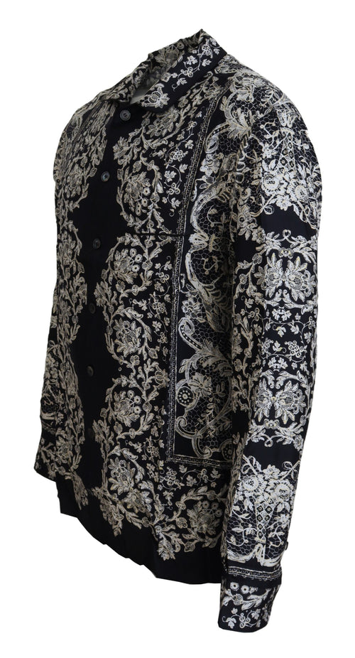 Dolce & Gabbana Blue Silk Floral Baroque Satin Casual Men's Shirt