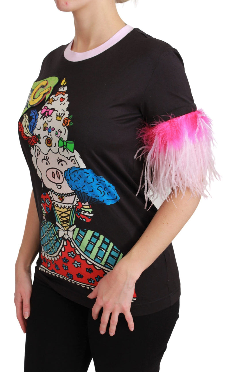 Dolce & Gabbana Black YEAR OF THE PIG Top Cotton  Women's T-shirt