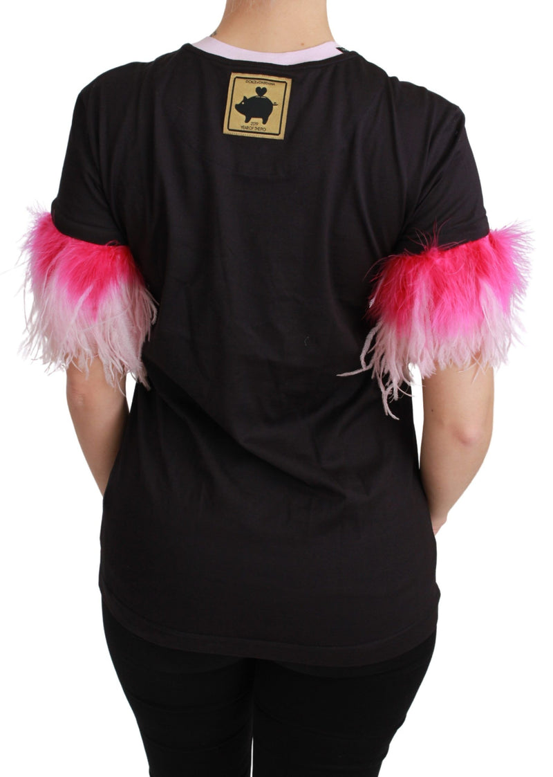 Dolce & Gabbana Black YEAR OF THE PIG Top Cotton  Women's T-shirt