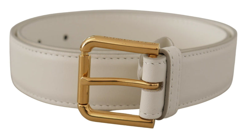 Dolce & Gabbana Chic White Leather Belt with Gold Engraved Women's Buckle
