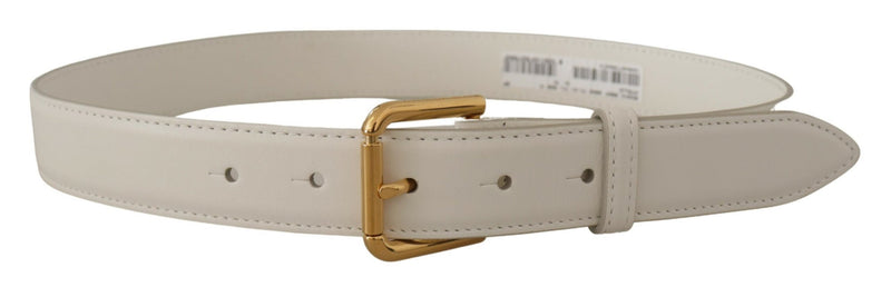 Dolce & Gabbana Chic White Leather Belt with Gold Engraved Women's Buckle