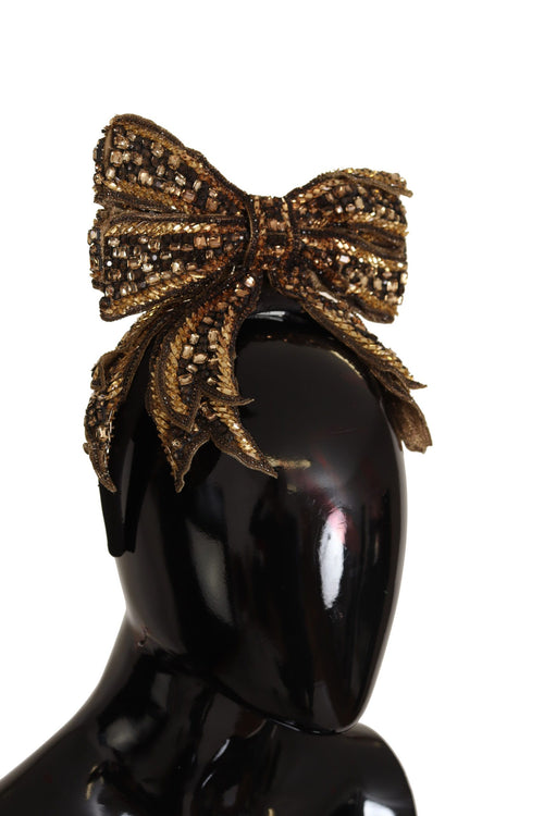 Dolce & Gabbana Gold Crystal Beaded Sequined Silk Bow Headband Women's Diadem