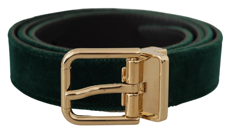 Dolce & Gabbana Emerald Velvet Designer Belt with Golden Men's Buckle