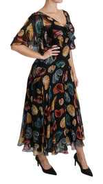 Dolce & Gabbana Black Sea Shells Maxi A-line Midi Silk Women's Dress