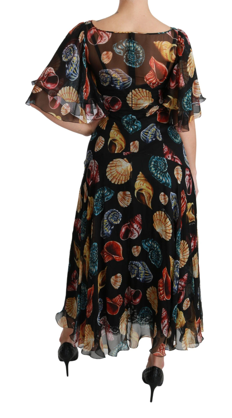 Dolce & Gabbana Black Sea Shells Maxi A-line Midi Silk Women's Dress