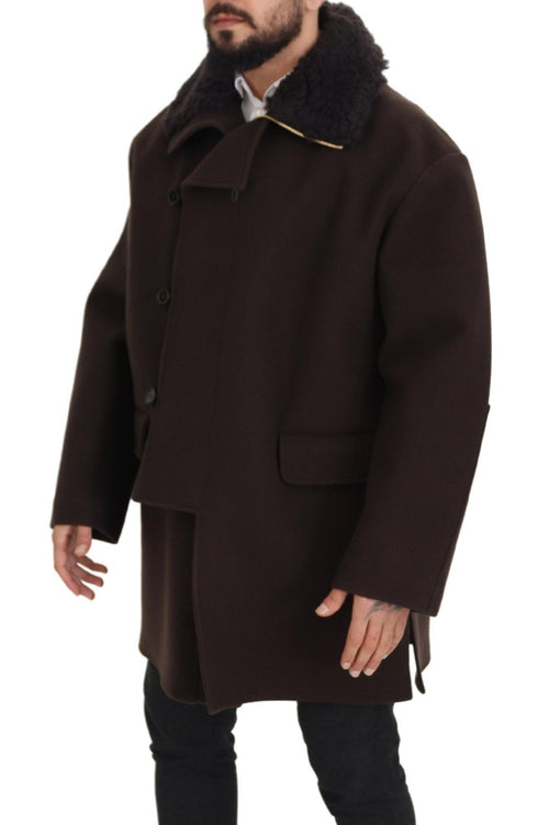 Dolce & Gabbana Elegant Dark Brown Shearling Coat Men's Jacket