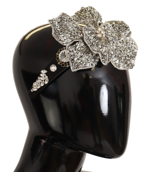 Dolce & Gabbana Black Crystal Beaded Sequined Large Flower Diadem Women's Headband