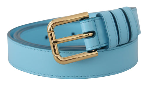 Dolce & Gabbana Elegant Sky Blue Leather Belt with Logo Women's Buckle