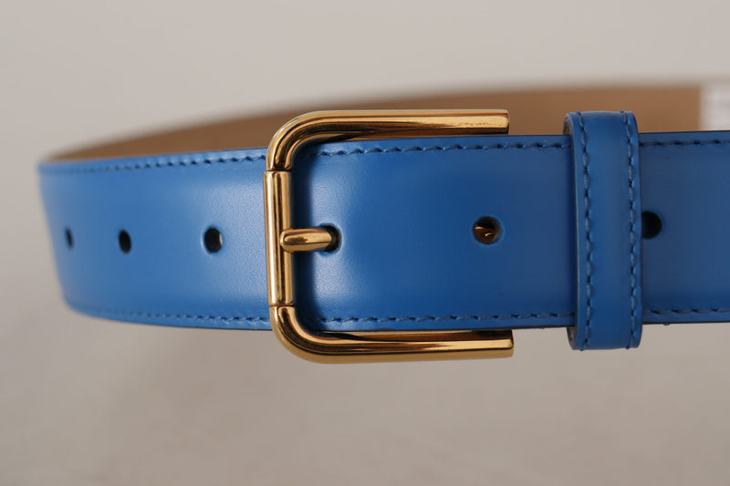 Dolce & Gabbana Elegant Blue Leather Belt with Engraved Women's Buckle