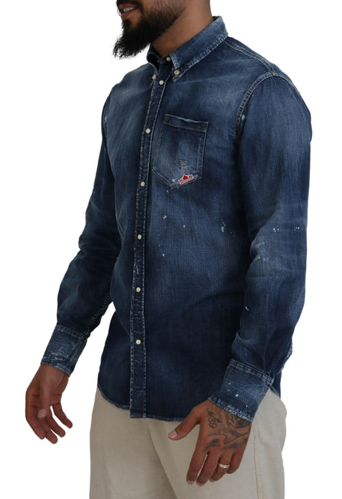 Dsquared² Blue Washed Collared Men Casual Long Sleeves Men's Shirt