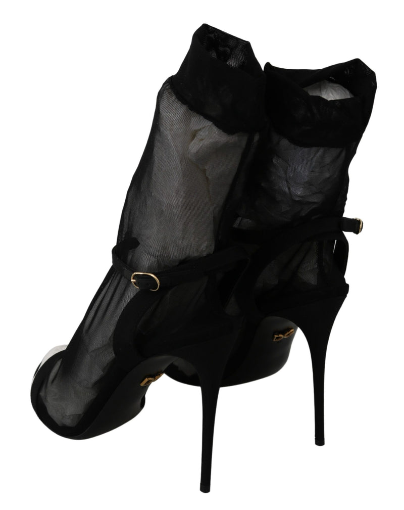 Dolce & Gabbana Black Tulle Stretch Stilettos Sandals Women's Shoes