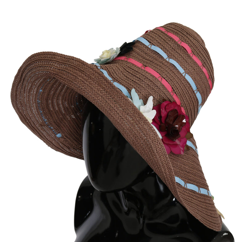 Dolce & Gabbana Brown Floral Wide Brim Straw Floppy Cap Women's Hat