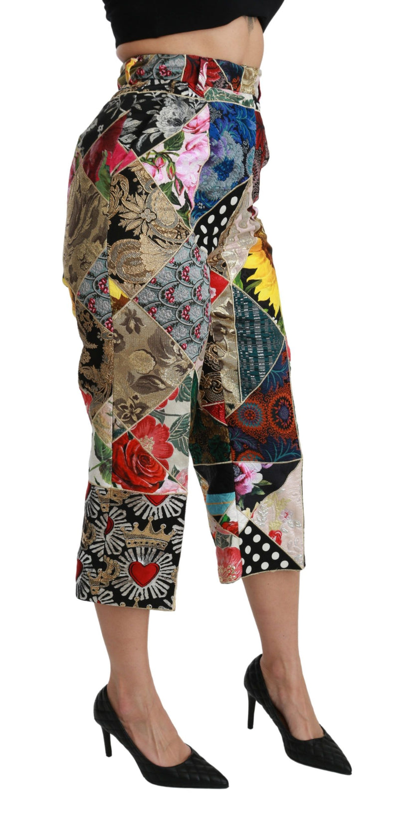 Dolce & Gabbana Silk Multicolor Print High Waist Cropped Women's Pants