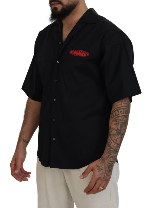 Dsquared² Black Cotton Collared Logo Print Short Sleeve Men's Shirt