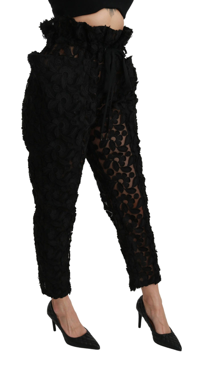 Dolce & Gabbana Black Floral Lace Tapered High Waist Women's Pants