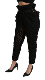 Dolce & Gabbana Black Floral Lace Tapered High Waist Women's Pants