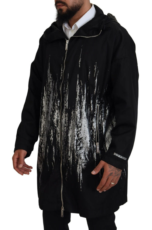 Dsquared² Black White Print Long Hooded Coat Nylon Men's Jacket