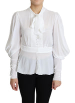 Dolce & Gabbana White Blouse Ascot Collar Lantern Sleeves Women's Top