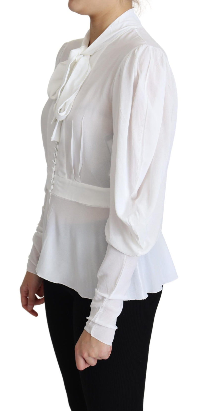 Dolce & Gabbana White Blouse Ascot Collar Lantern Sleeves Women's Top