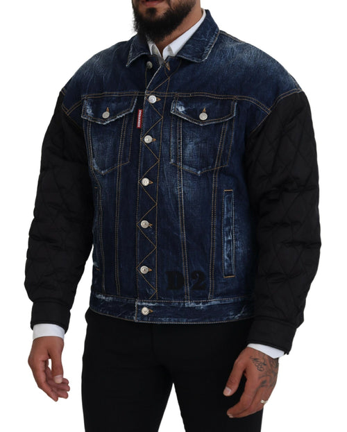 Dsquared² Blue Denim Black Sleeves Men Jacket Cotton Men's Bomber
