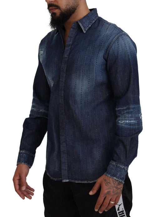Dsquared² Blue Tattered Crystal Embellished Denim Men's Shirt