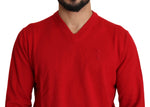 Billionaire Italian Couture Red V-neck Wool Sweatshirt Pullover Men's Sweater