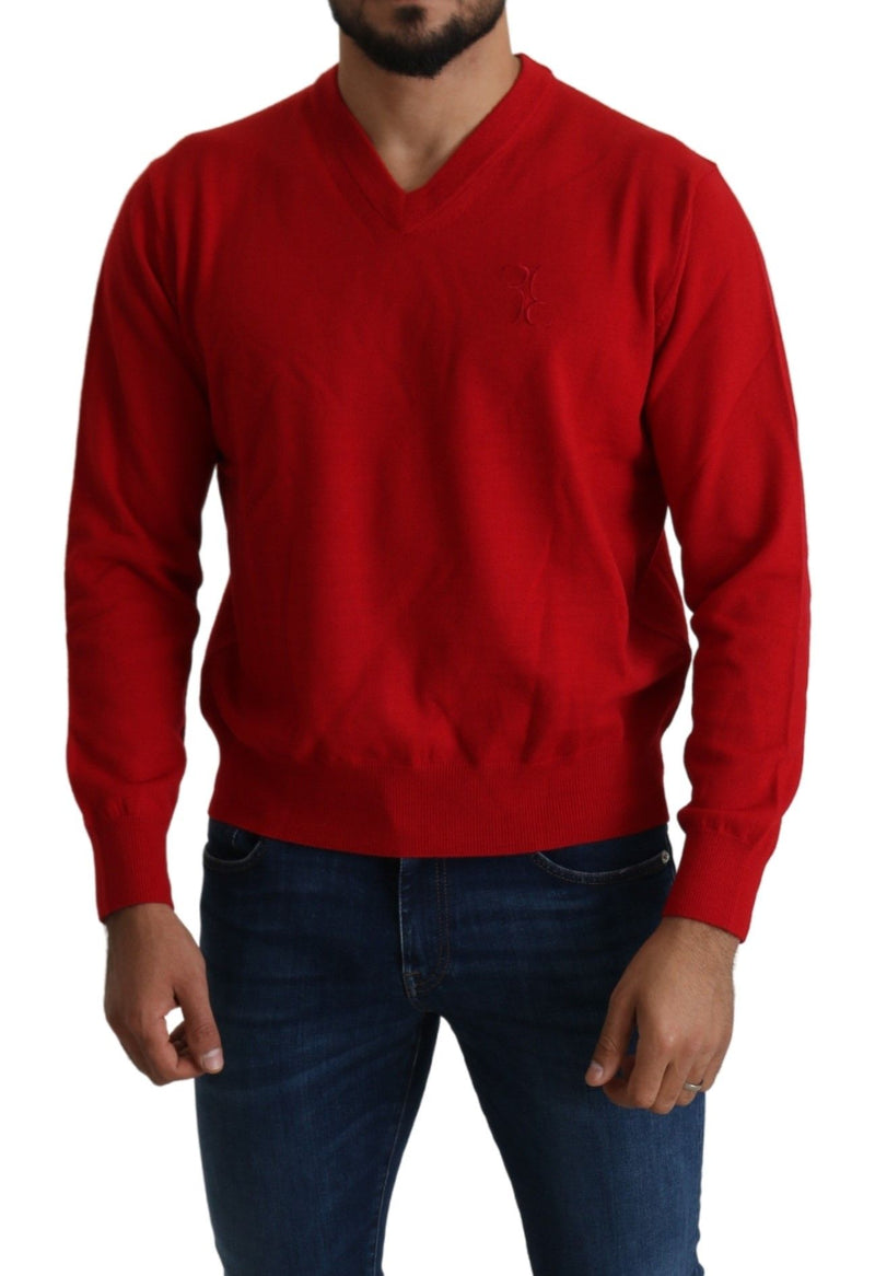 Billionaire Italian Couture Red V-neck Wool Sweatshirt Pullover Men's Sweater