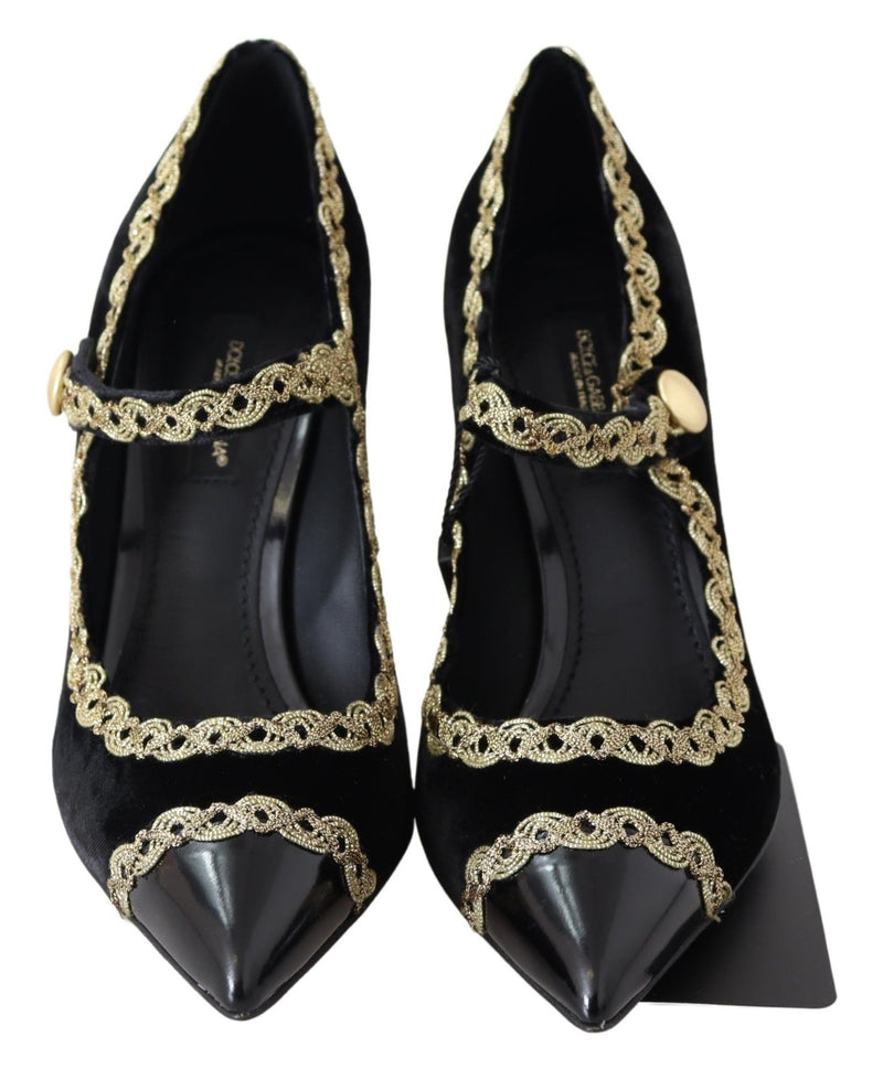 Dolce & Gabbana Black Velvet Gold Mary Janes Women's Pumps