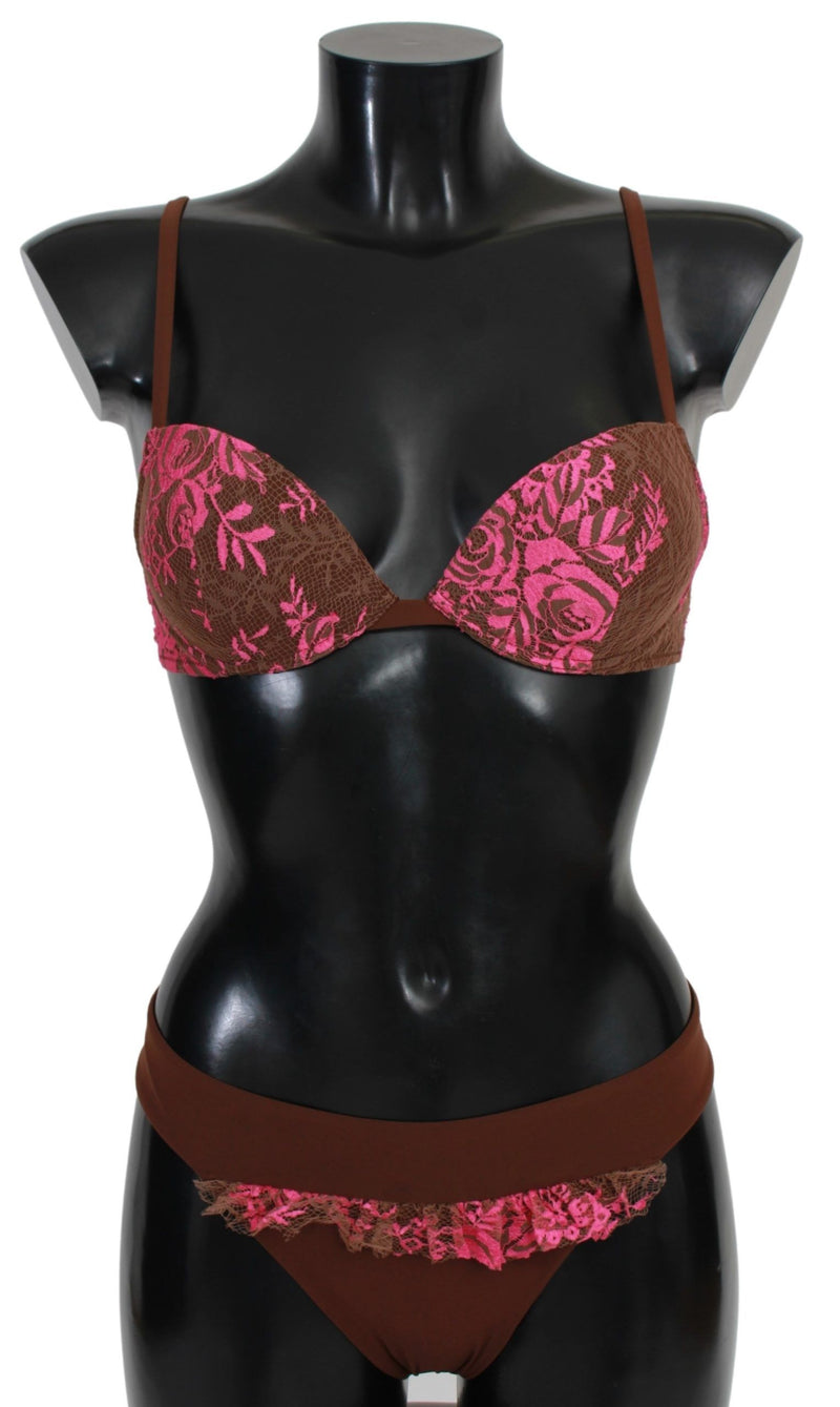PINK MEMORIES Chic Pink and Brown Two-Piece Women's Swimsuit